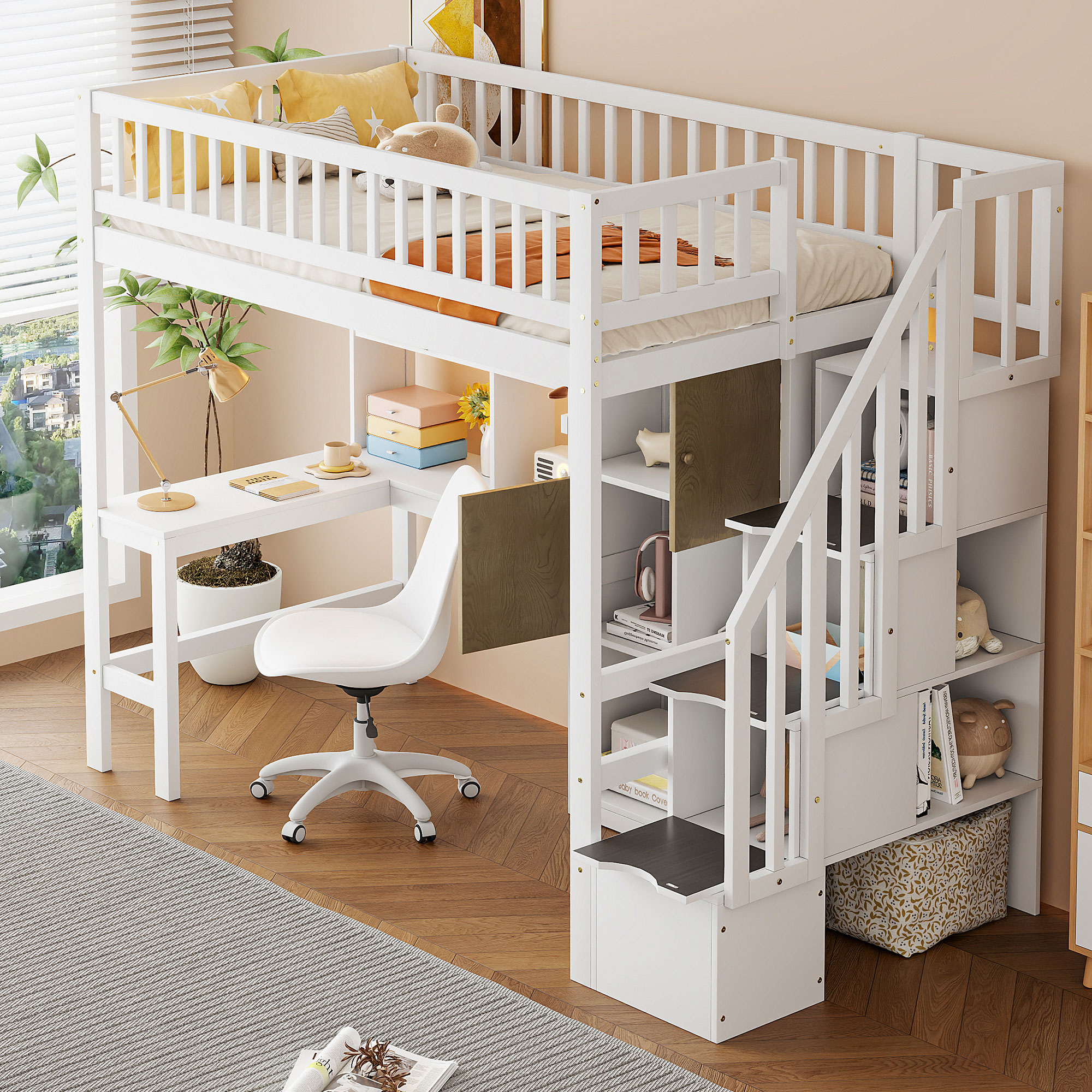 Wood Twin Size Loft Bed with Built-in Desk, LED, Storage Shelves, Cabinets and Staircase 4 Wood Twin Size Loft Bed with Built-in Desk, LED, Storage Shelves, Cabinets and Staircase