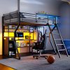 Full Size Metal Gaming Loft Bed with Built-in Work Station, Open Wardrobe, LED and Multiple Storage