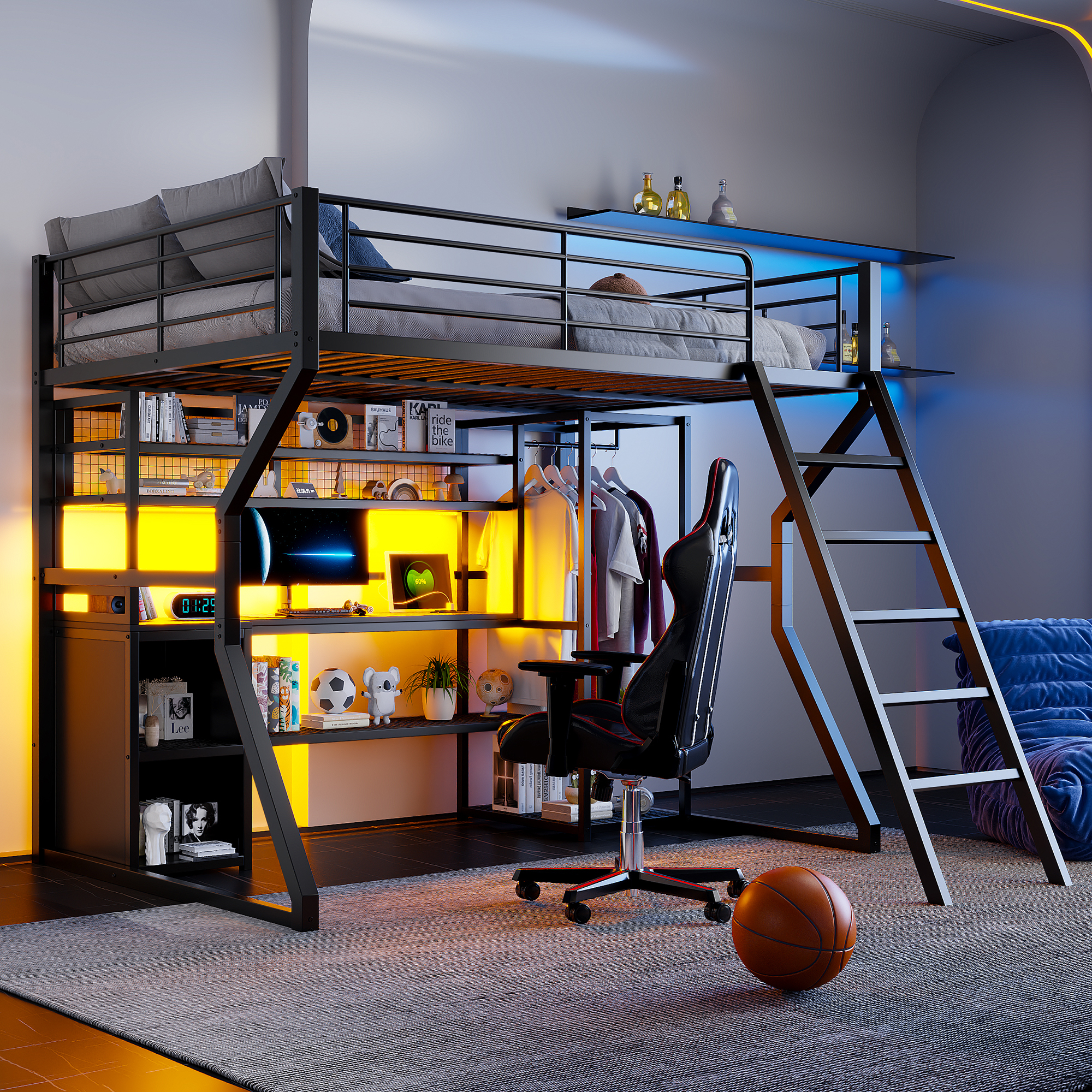 Full Size Metal Gaming Loft Bed with Built-in Work Station, Open Wardrobe, LED and Multiple Storage 3 Full Size Metal Gaming Loft Bed with Built-in Work Station, Open Wardrobe, LED and Multiple Storage