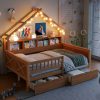 Wood Full Size House Platform Beds With Led, Storage Shelves, Drawers And Guardrail