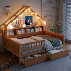 Wood Full Size House Platform Beds With Led, Storage Shelves, Drawers And Guardrail