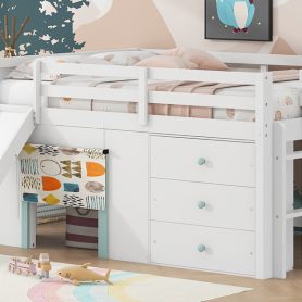 Full Size Low Loft Bed with Slide,Three Storage Drawers and Two Doors