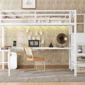 Metal Full Size Loft Bed With L-Shaped Desk, USB, Wardrobe And Adjustable Shelf