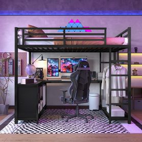 Full Size Loft Bed with Wardrobe, L-shaped Desk, Storage Cubes and Shelves