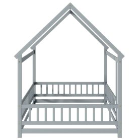 Full Size House Floor Wooden Bed With Roof Frame, Safety Guardrails