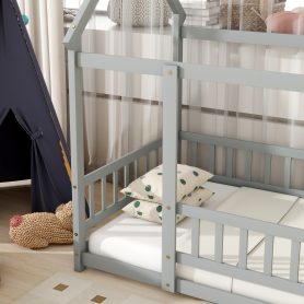 Twin Size House Floor Wooden Bed With Roof Frame, Safety Guardrails