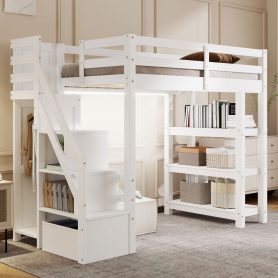 Twin Size Loft Bed with Shelves, Storage Staircase, Wardrobe and LED Light