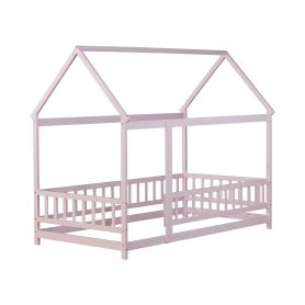 Wooden Twin Size House Floor Bed With Roof Frame, Safety Guardrails