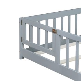 Rubber Wood Queen Size Floor Bed with Fence, Door and Safety Guardrails