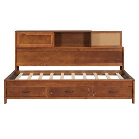 Wooden Twin Size Daybed with 3 Storage Drawers, Upper Soft Board, Shelf, and a Set of Sockets and USB Ports