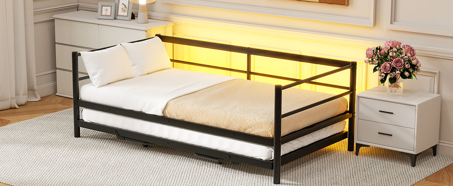 Twin Size Metal Daybed with LED and Adjustable Trundle 11 Twin Size Metal Daybed with LED and Adjustable Trundle