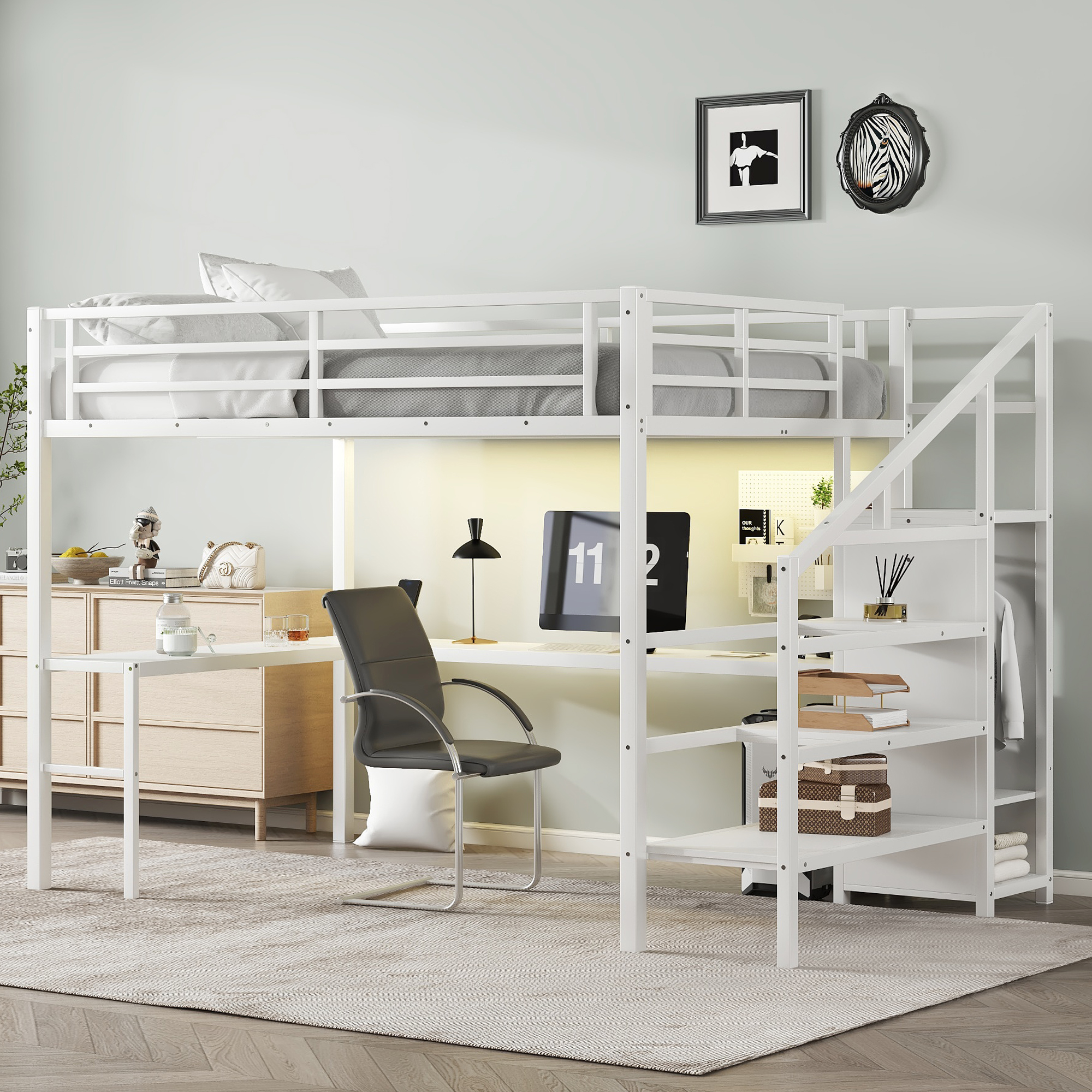 Metal Queen Size High Loft Bed with L-shaped Desk, USB, Wardrobe and Adjustable Shelf