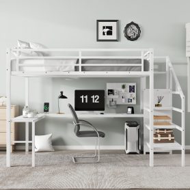 Metal Queen Size High Loft Bed with L-shaped Desk, USB, Wardrobe and Adjustable Shelf
