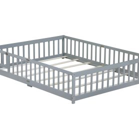 Rubber Wood Queen Size Floor Bed with Fence, Door and Safety Guardrails