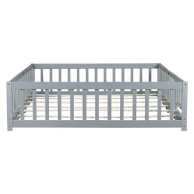Rubber Wood Queen Size Floor Bed with Fence, Door and Safety Guardrails