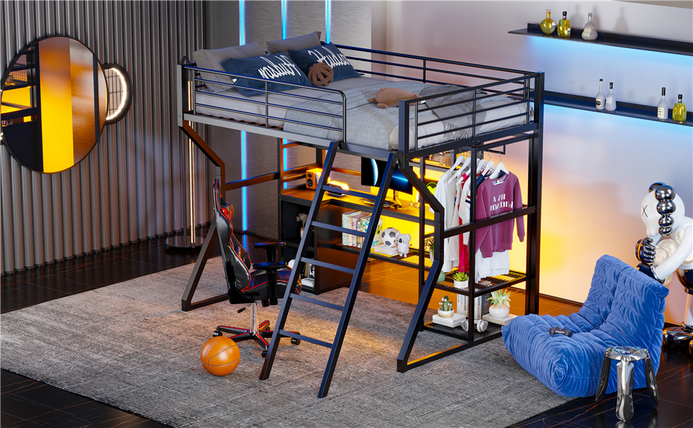 Full Size Metal Gaming Loft Bed with Built-in Work Station, Open Wardrobe, LED and Multiple Storage 19 Full Size Metal Gaming Loft Bed with Built-in Work Station, Open Wardrobe, LED and Multiple Storage