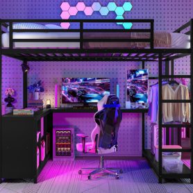 Queen Size Loft Bed with Wardrobe, L-shaped Desk, Storage Cubes and Shelves