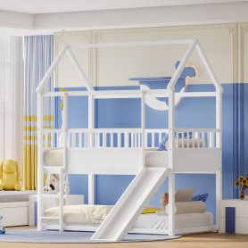 Wooden Twin Over Twin Floor Bunk Bed With Safety Guardrail, Convertible Slide And Ladder