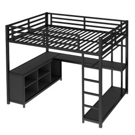 Queen Size Loft Bed with Wardrobe, L-shaped Desk, Storage Cubes and Shelves