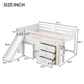 Full Size Low Loft Bed with Slide,Three Storage Drawers and Two Doors