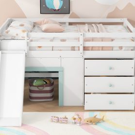 Full Size Low Loft Bed with Slide,Three Storage Drawers and Two Doors