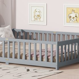 Rubber Wood Queen Size Floor Bed with Fence, Door and Safety Guardrails