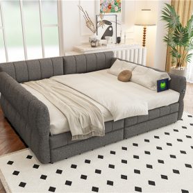 Queen Size Upholstered Platform Bed with USB and 2 Drawers