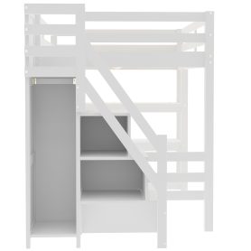 Full Size Loft Bed with Shelves, Storage Staircase, Wardrobe and LED Light