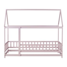 Wooden Twin Size House Floor Bed With Roof Frame, Safety Guardrails