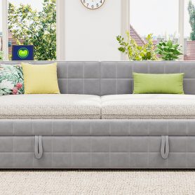 Full Size L-Shaped Upholstered Daybed with Twin Size Pop Up Trundle and USB ports