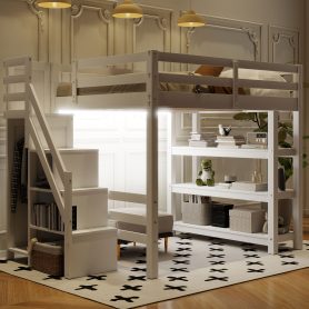 Full Size Loft Bed with Shelves, Storage Staircase, Wardrobe and LED Light