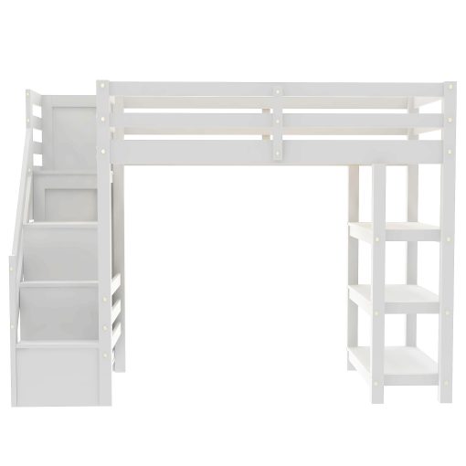 Twin Size Loft Bed with Shelves, Storage Staircase, Wardrobe and LED Light