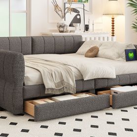 Queen Size Upholstered Platform Bed with USB and 2 Drawers