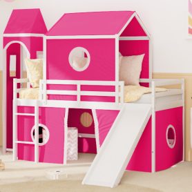 Twin Size Loft Bed with Slide Pink Tent and Tower