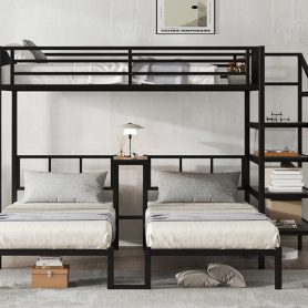 Twin XL over Twin & Twin Bunk Bed Metal Triple Bunk Bed with Desk & Shelves