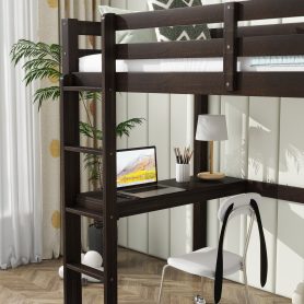 Twin Rubber Wood Loft Bed With Safety Guardrail, Built-in Desk, Ladder