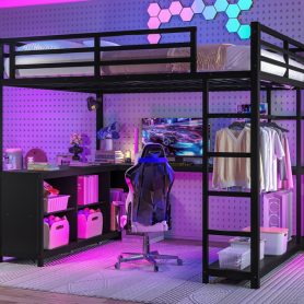 Queen Size Loft Bed with Wardrobe, L-shaped Desk, Storage Cubes and Shelves