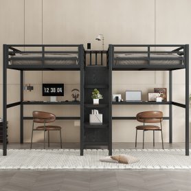Twin Over Twin Metal Loft Bed with Double Desk, Wardrobe, Shelves and Electrical Outlet