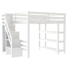 Full Size Loft Bed with Shelves, Storage Staircase, Wardrobe and LED Light