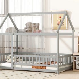 Twin Size House Floor Wooden Bed With Roof Frame, Safety Guardrails