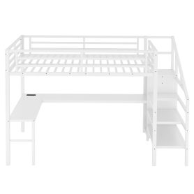 Metal Full Size Loft Bed With L-Shaped Desk, USB, Wardrobe And Adjustable Shelf