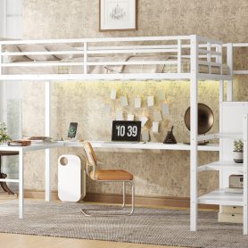 Metal Full Size Loft Bed With L-Shaped Desk, USB, Wardrobe And Adjustable Shelf