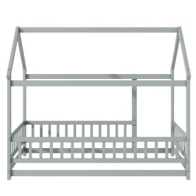 Twin Size House Floor Wooden Bed With Roof Frame, Safety Guardrails