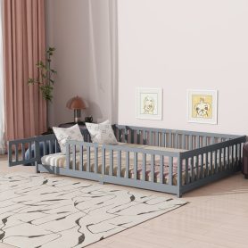 Rubber Wood Queen Size Floor Bed with Fence, Door and Safety Guardrails