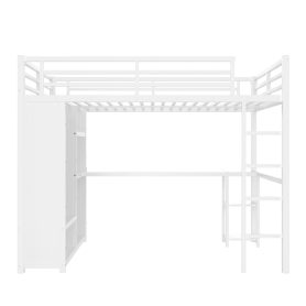 Metal Queen Size Loft Bed Frame With Built-in Wardrobe, Desk And Storage Shelves