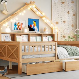Wood Full Size House Platform Beds With Led, Storage Shelves, Drawers And Guardrail 29 Wood Full Size House Platform Beds With Led, Storage Shelves, Drawers And Guardrail