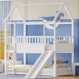 Wooden Twin Over Twin Floor Bunk Bed With Safety Guardrail, Convertible Slide And Ladder