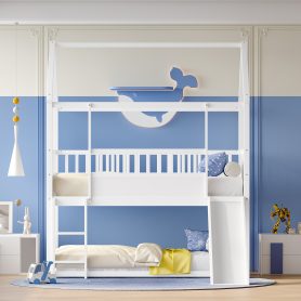 Wooden Twin Over Twin Floor Bunk Bed With Safety Guardrail, Convertible Slide And Ladder