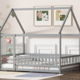 Full Size House Floor Wooden Bed With Roof Frame, Safety Guardrails