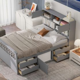 Full Size Captain Platform Bed Frame With Storage Bookcases, Shelves And Four Drawers